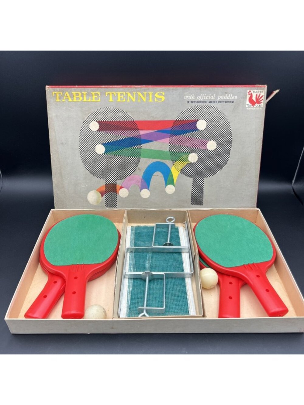 Vintage Table Tennis Ping Pong Set Tucket Toy Corp Paddles, Brackets, Net, Balls